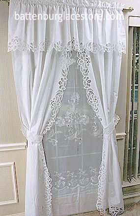 Battenburg Lace. PA Style Windows Curtain Set. White color